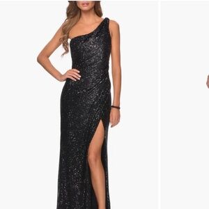Black sequin one shoulder gown